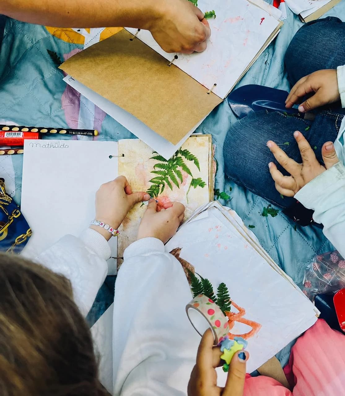 Children pasting fern and leaf collages into nature journals in the forest