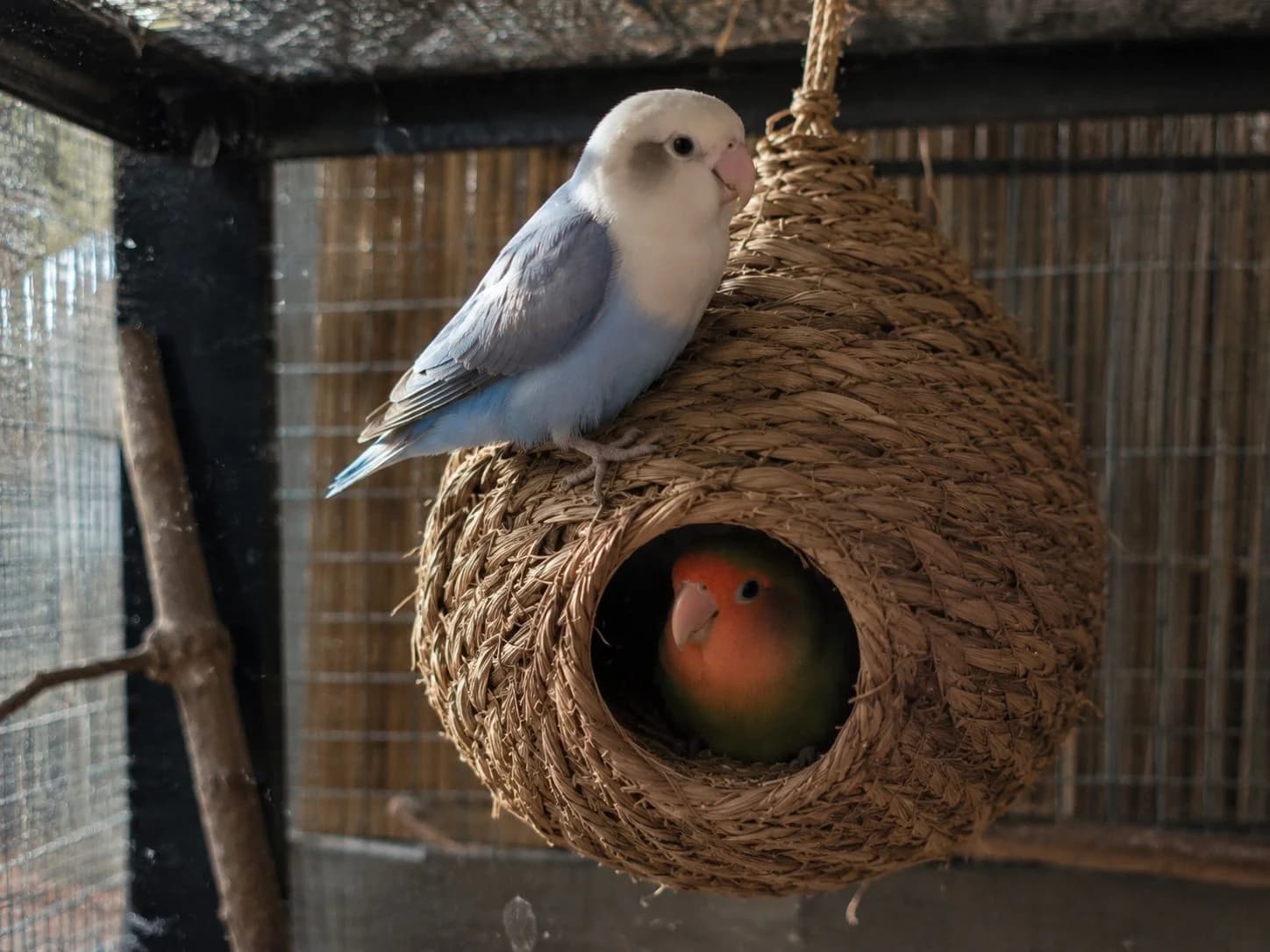 Ein Unzertrennlicher in seinem geflochtenen Nest in der Voliere der Schule