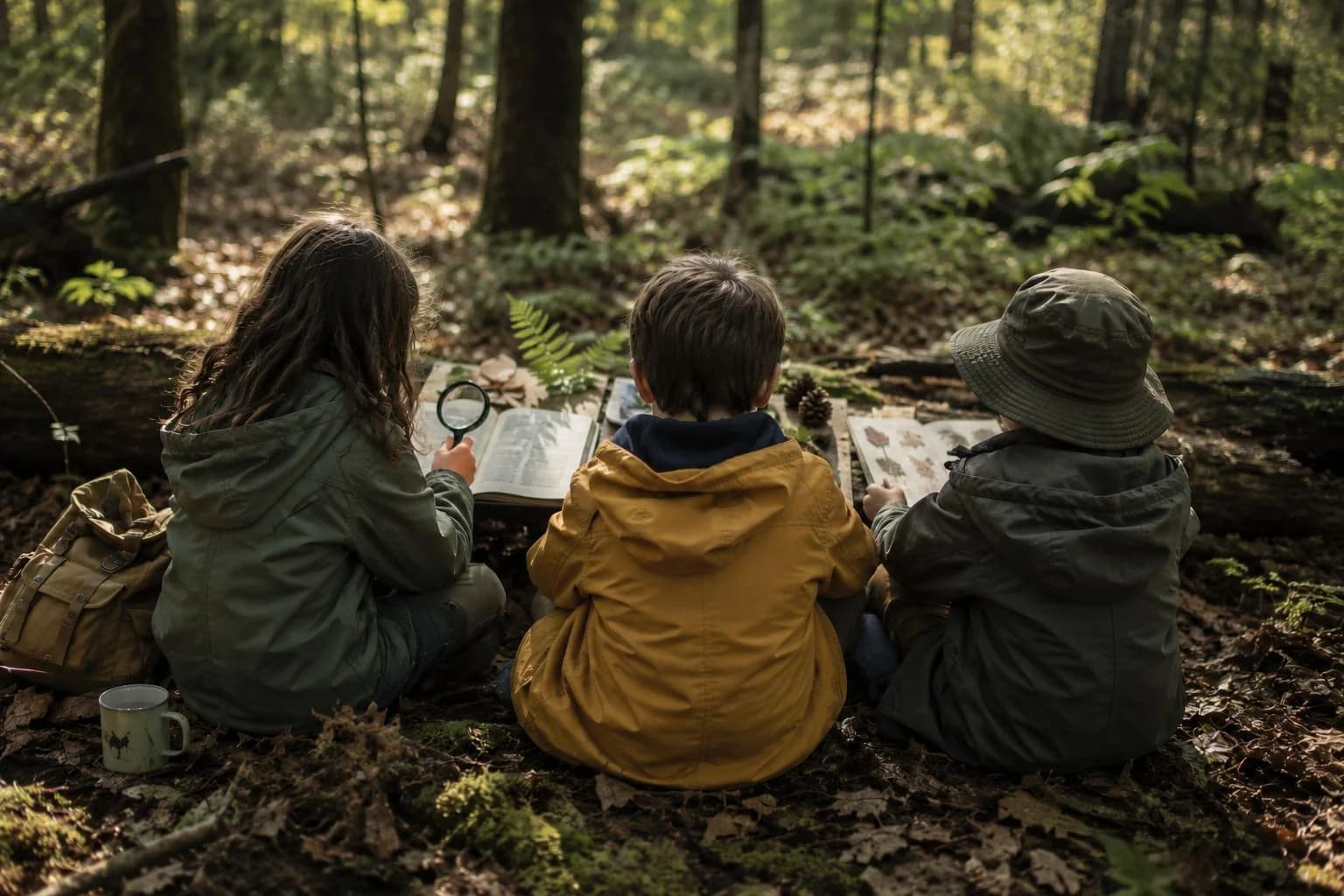 Kinder lesen und entdecken gemeinsam im Wald am Wald-Freitag