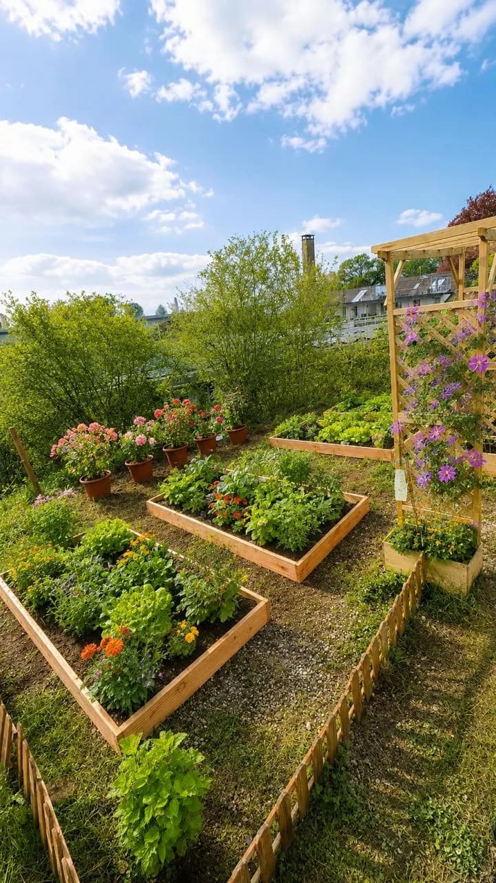 Children's vegetable garden with raised beds and flowering plants